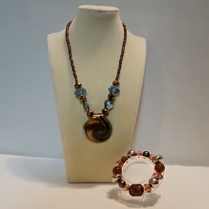 Brown and Blue Glass Pendant Necklace and Bracelet Set